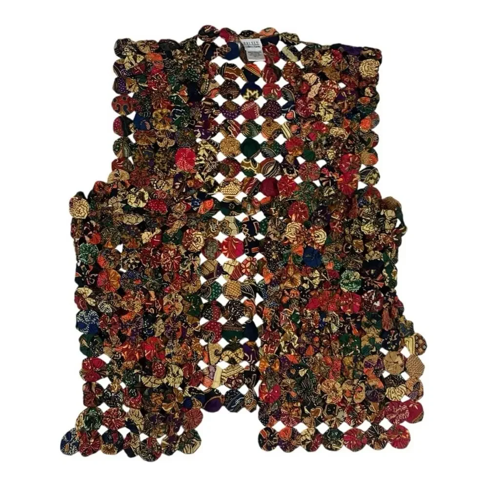 Vintage Halsey yoyo quilt size large Colorful Vest granny art boho retro twist